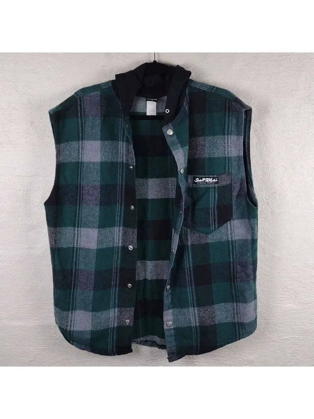 Surf Style Interplanetary Body Gear Green Windowpane Plaid Hooded Snap Up Vest